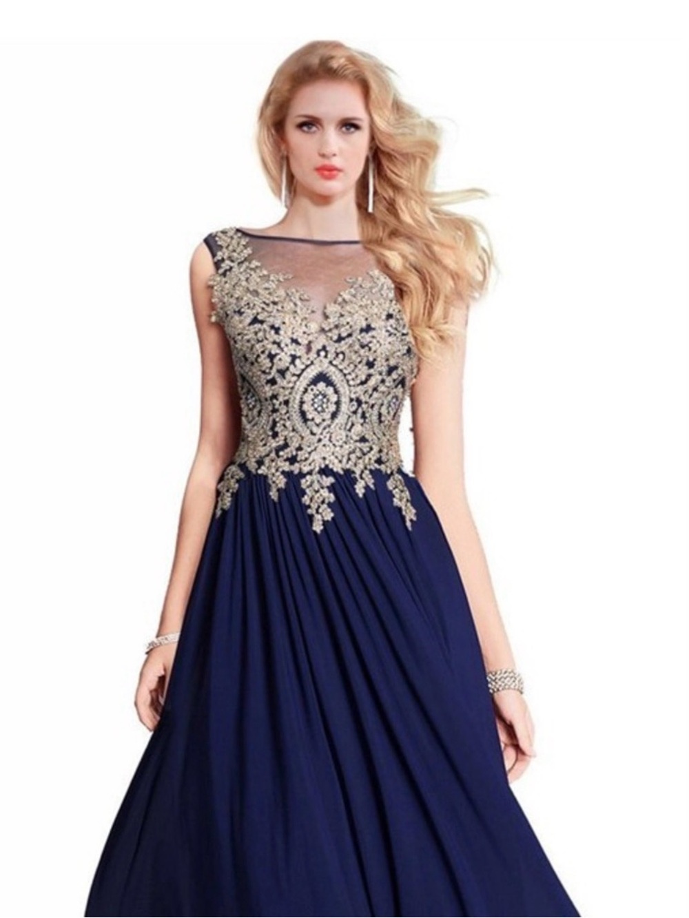 Xscape Navy and Gold Long Sleeve Embroidered Evening Gown